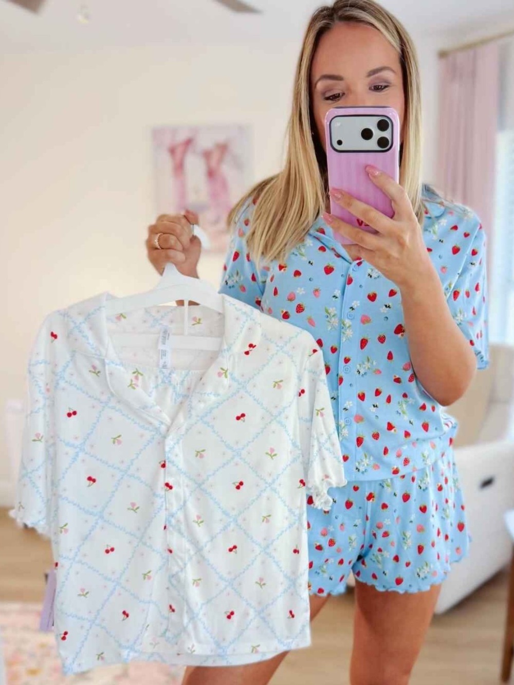 WILD FABLE White Pajama Top with Blue Argyle and Tiny Red Floral Print - Picture 1 of 5